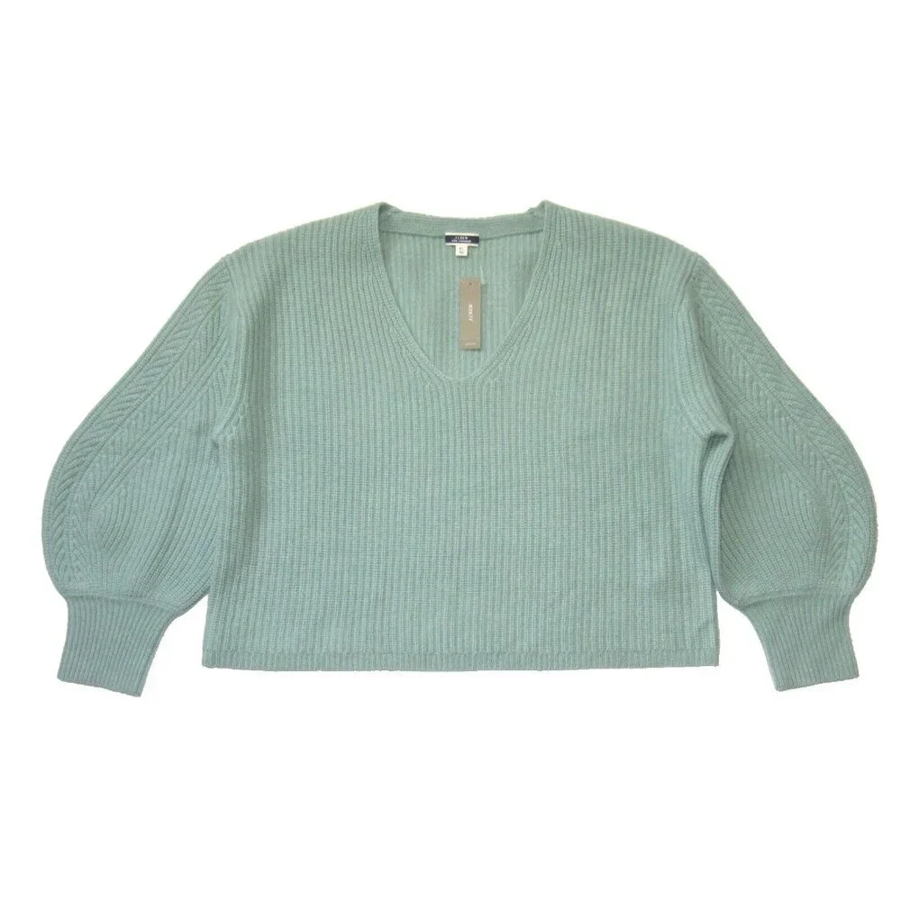 NWT J.Crew Cashmere Balloon-sleeve V-neck Sweater in Dusty Mint XL $228